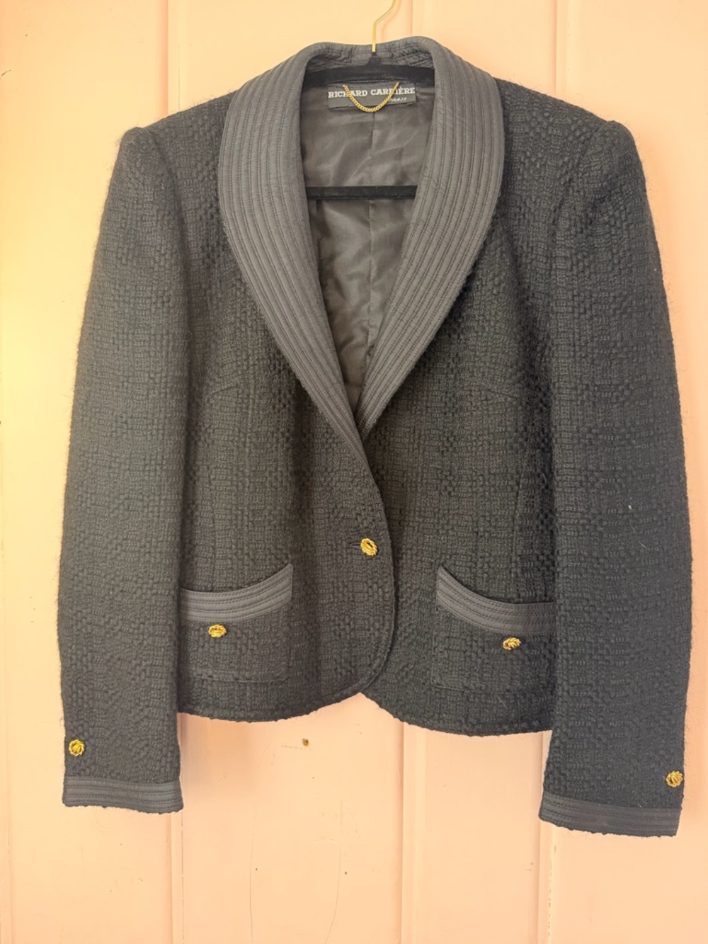 Vintage Richard Carriere Structured Black Bouclé Blazer Ribbed Shawl Collar SzM